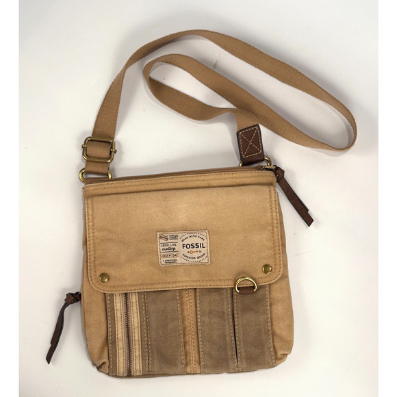 FOSSIL Crossbody Organizer Beige Canvas Handbag Shoulder Boho Hippie Vintage Bag - Picture 4 of 14